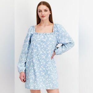 Women Square Neckline Floral Print Mini Dress, Blue/White Combo size medium